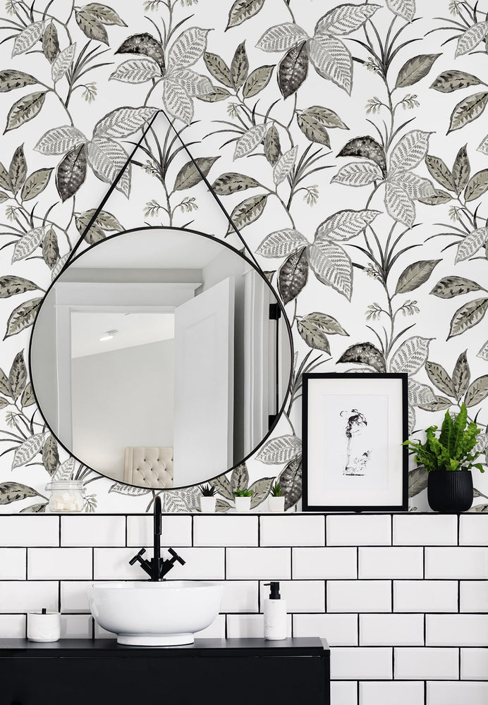 NW48300 boho leaf peel and stick wallpaper bathroom from NextWall