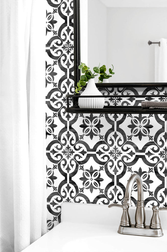 LN21200 Porto tile peel and stick wallpaper bathroom from the Luxe Haven collection by Lillian August