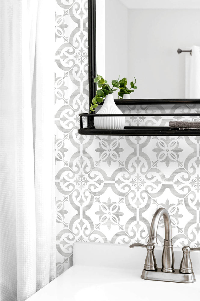 LN21205 Porto tile peel and stick wallpaper bathroom from the Luxe Haven collection by Lillian August