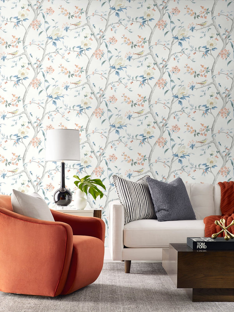 LN21301 floral trail chinoiserie peel and stick wallpaper living room from the Luxe Haven collection by Lillian August