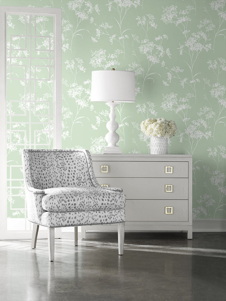 LN30504 floral mist peel and stick removable wallpaper living room from the Luxe Haven collection by Lillian August