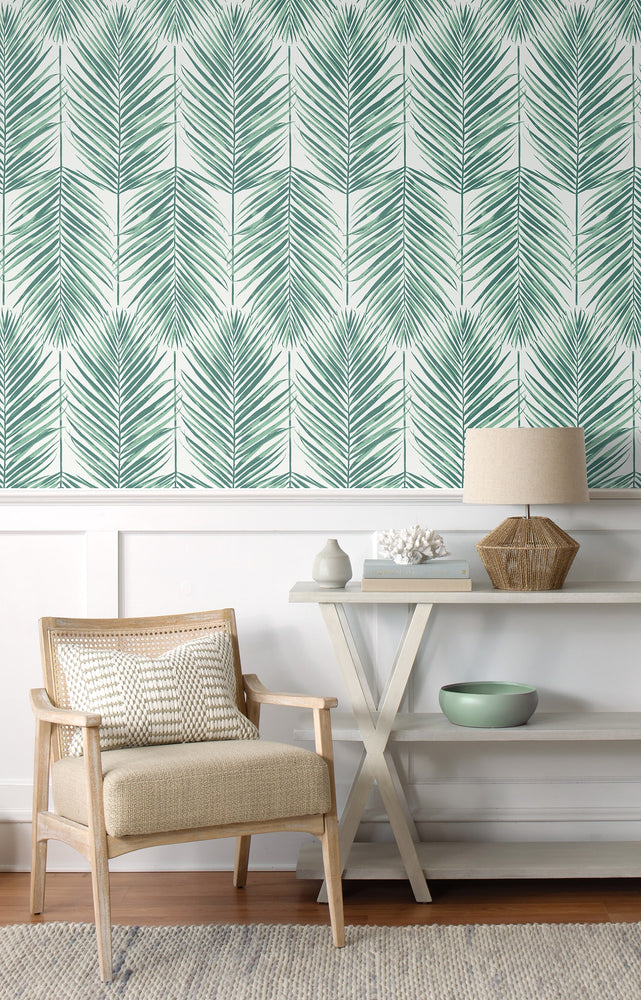 MB30014 palm leaf wallpaper living room from the Beach House collection by Seabrook Designs