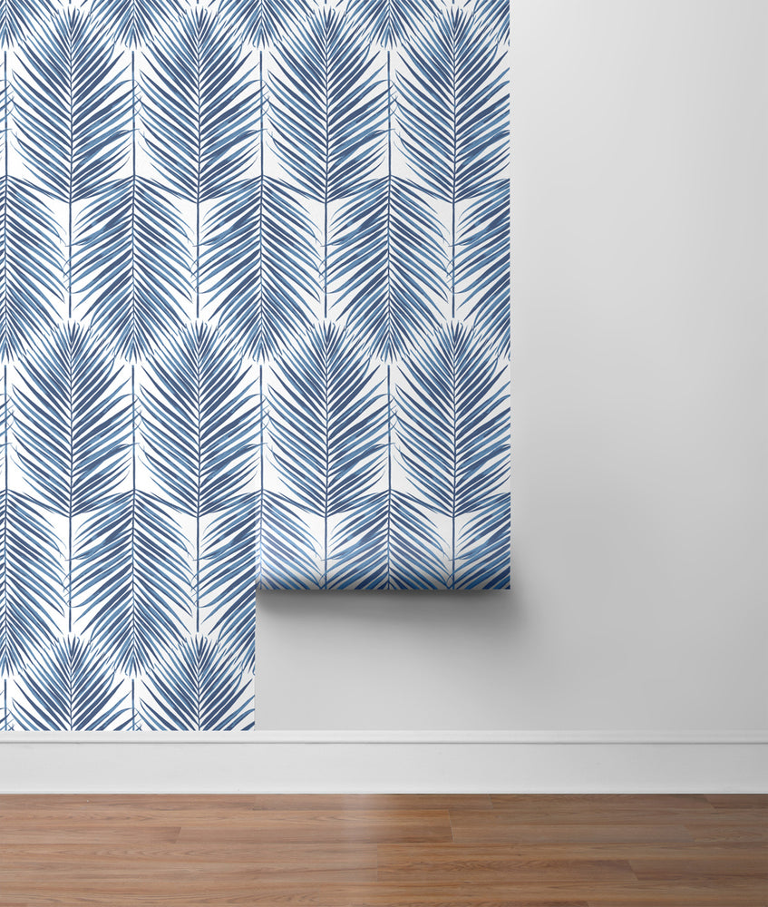NW33002 coastal blue palm leaf peel and stick removable wallpaper roll by NextWall