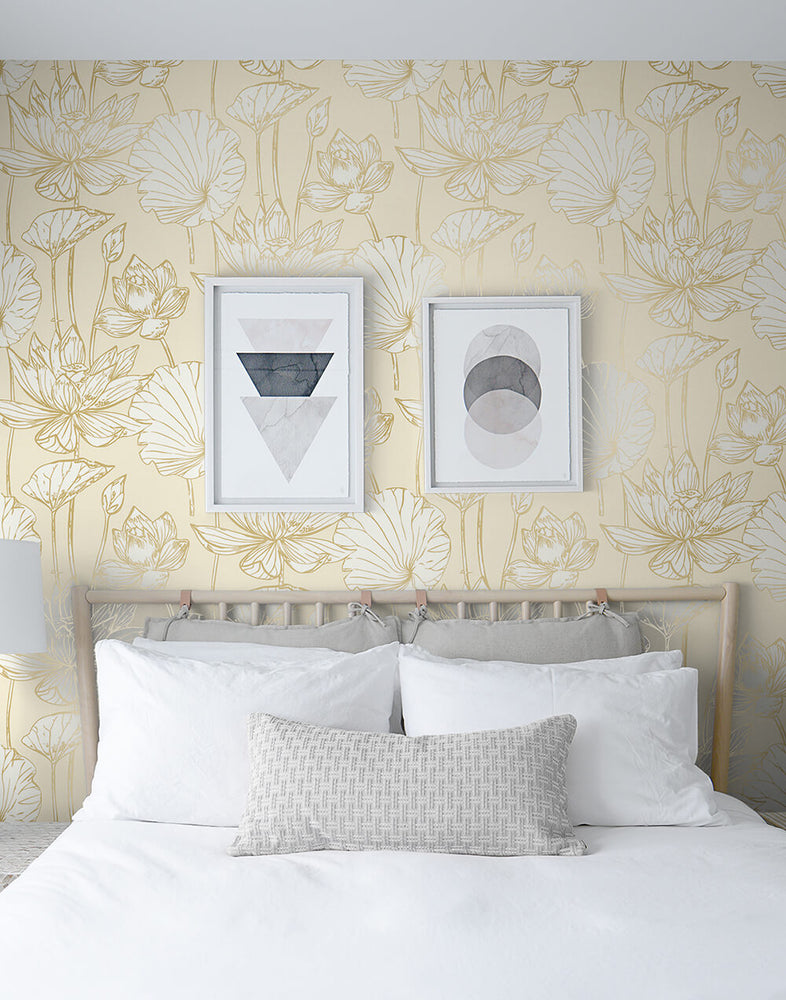 NW33105 metallic gold lotus flower peel and stick removable wallpaper bedroom from NextWall