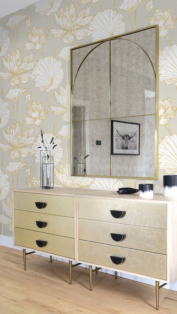 NW33118 metallic gold lotus flower peel and stick removable wallpaper entryway from NextWall