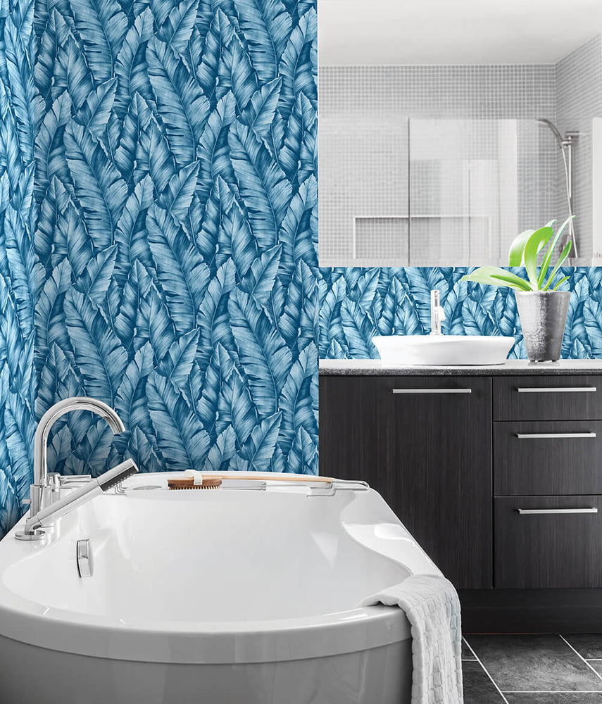 NW37902 Baha banana leaf peel and stick removable wallpaper bathroom from NextWall
