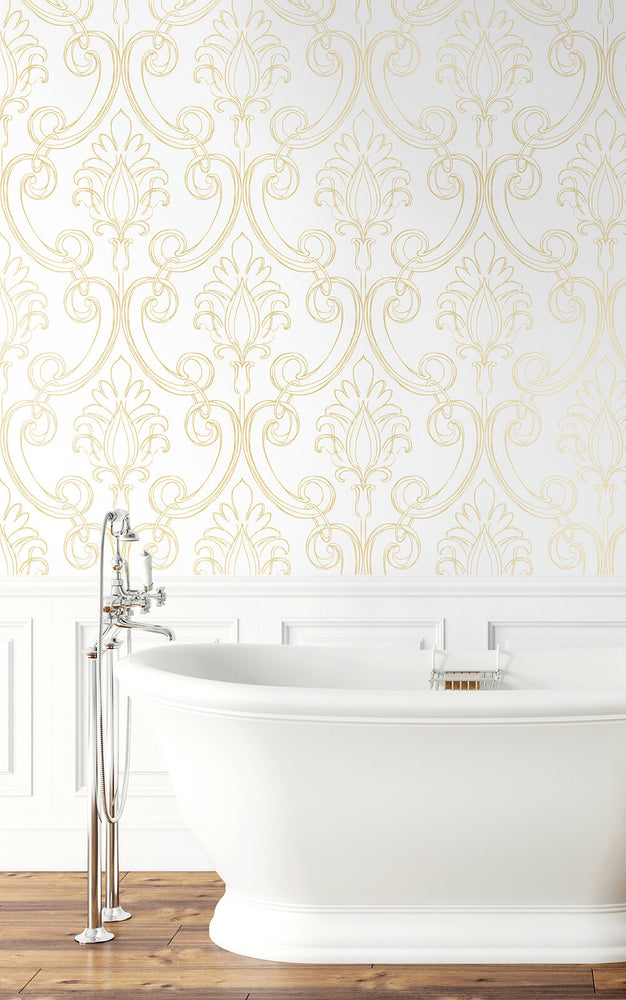 NW39405 sketched damask peel and stick removable wallpaper bathroom from NextWall