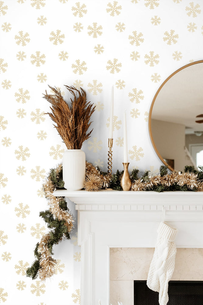 NW41005 metallic gold snowflakes Christmas peel and stick wallpaper mantel from NextWall