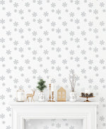 NW41008 metallic silver snowflakes Christmas peel and stick wallpaper mantel from NextWall