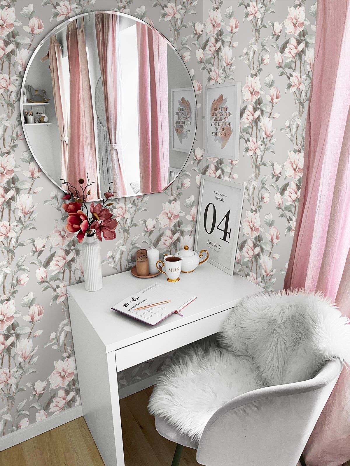NextWall NW41401 Magnolia Trail Peel and Stick Metallic Silver and Petal Pink Wallpaper