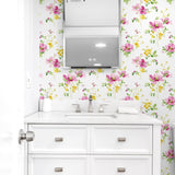 NW42201 watercolor floral peel and stick removable wallpaper bathroom from NextWall