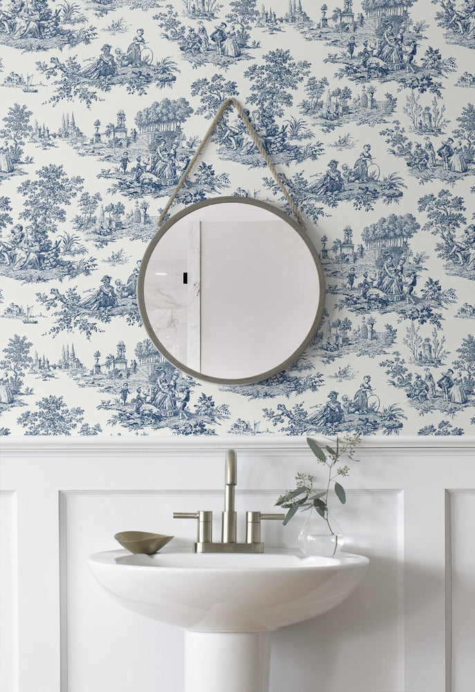 NW43312 toile peel and stick wallpaper bathroom from NextWall