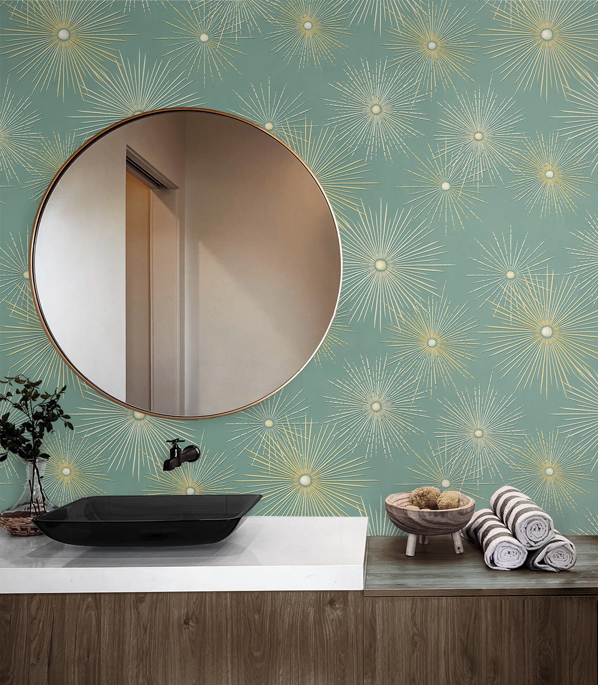 Seabrook Designs Starburst Geo Prepasted Teal \u0026 Gold Wallpaper PR11004, image size:1200x1374