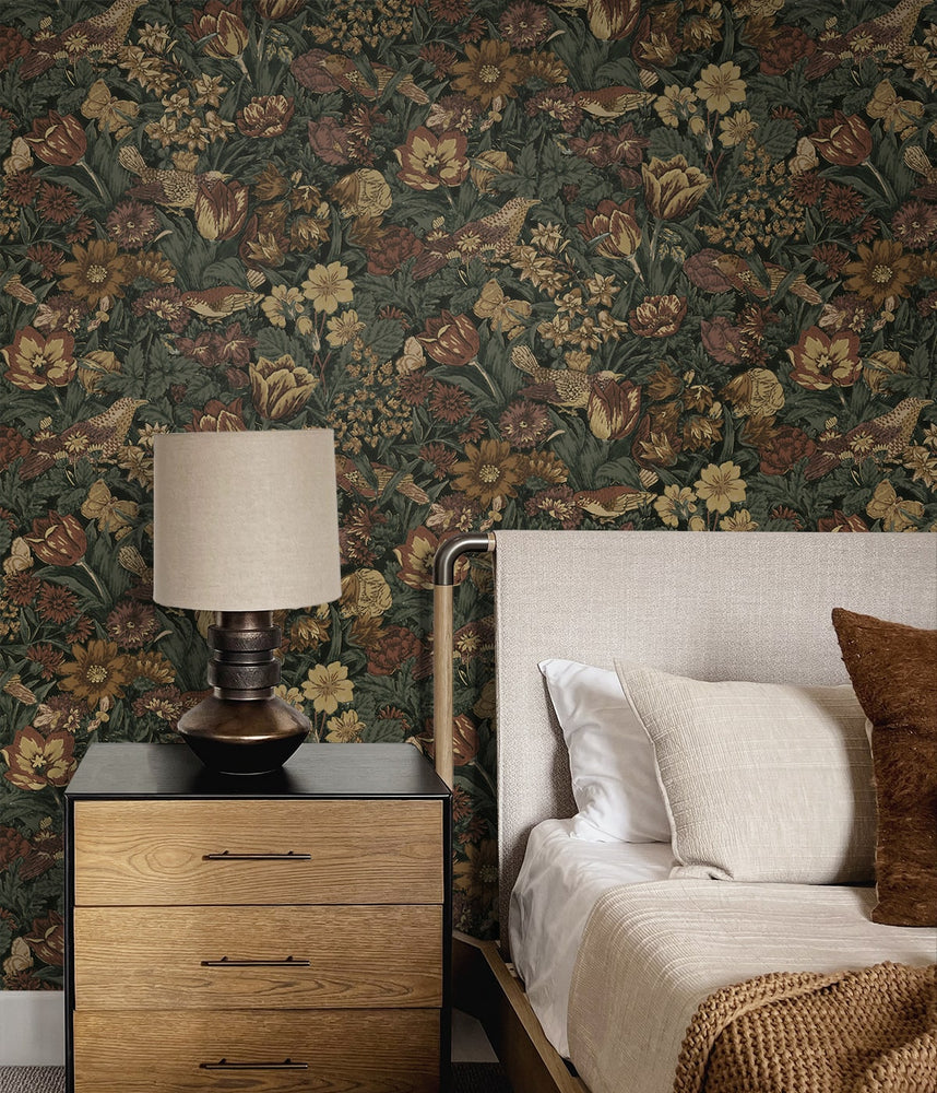PR11708 vintage bird floral prepasted wallpaper bedroom from Seabrook Designs 