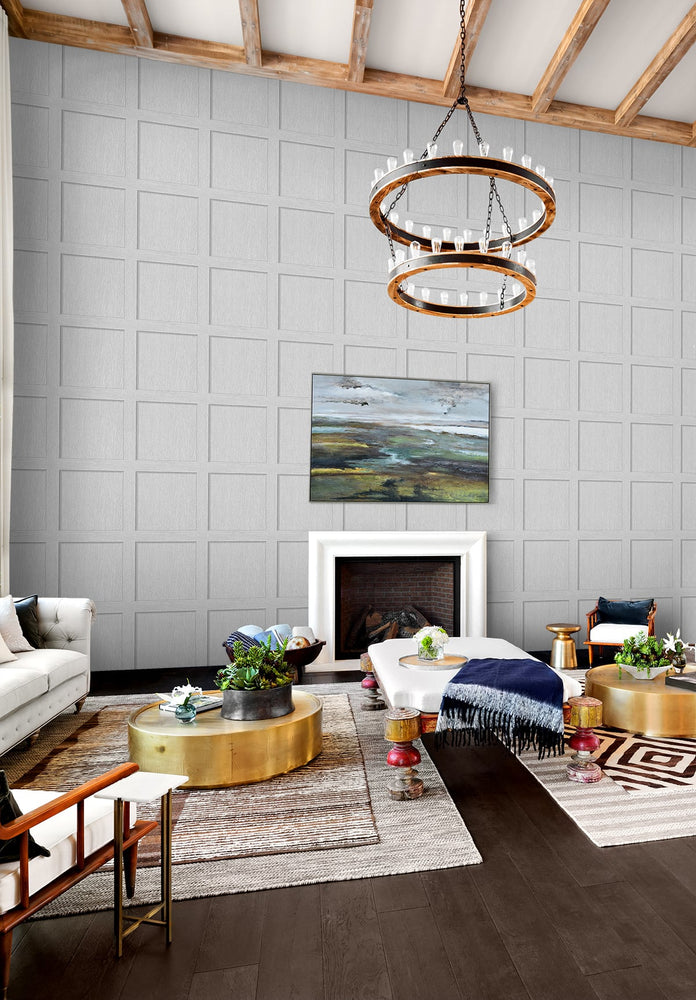 SG10708 square away faux wood peel and stick wallpaper living room from The Sojourn Collection by Stacy Garcia Home