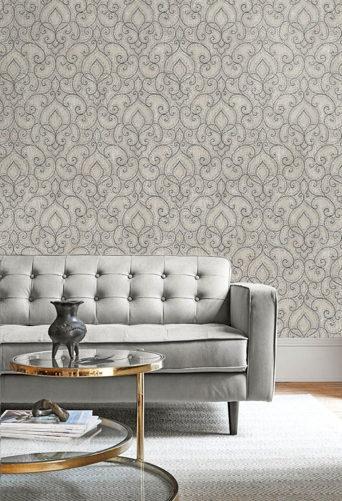 SD01700BWI Courville glitter damask wallpaper living room