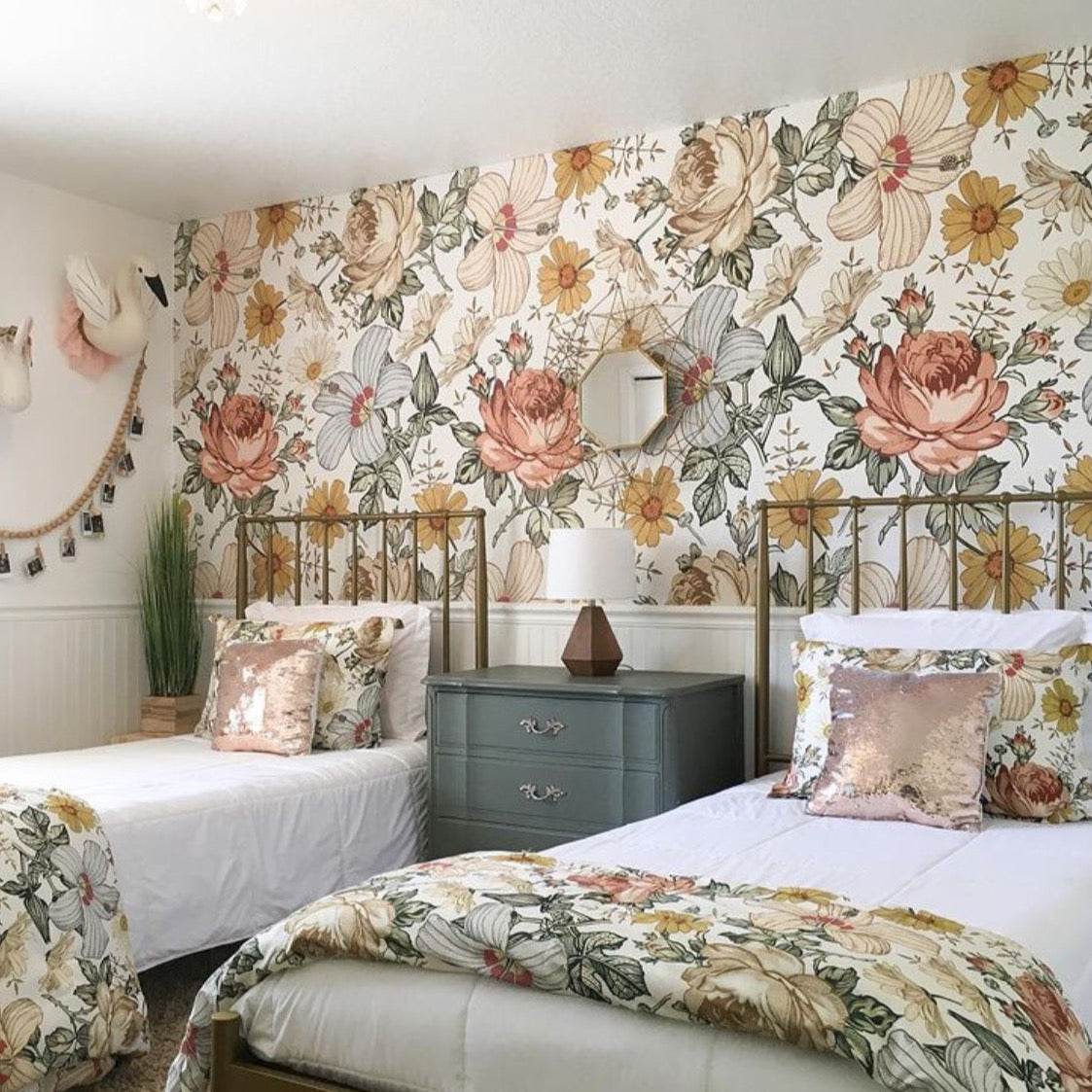 mila floral peel and stick wallpaper bedroom from Loomwell Home Goods