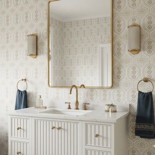 Holloway Floral Geometry brown and blue Peel and Stick Wallpaper bathroom from Say Decor