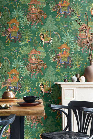 Heritage Tales 100012EH Green Emperor's Garden Scenic Unpasted Wallpaper Dining Room at Say Decor