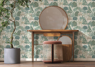 Heritage Tales 100015EH Green Exotic Pavilion Scenic Unpasted Wallpaper Entryway at Say Decor