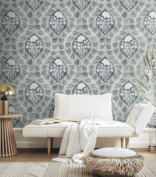 Heritage Tales 100019EH Slate Blue Floral Cartouche Ogee Unpasted Wallpaper Living Room at Say Decor