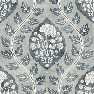 Heritage Tales 100019EH Slate Blue Floral Cartouche Ogee Unpasted Wallpaper at Say Decor
