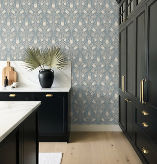 Heritage Tales 100025EH Sky Blue Folk Tulip Floral Unpasted Wallpaper Kitchen at Say Decor