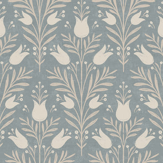 Heritage Tales 100025EH Sky Blue Folk Tulip Floral Unpasted Wallpaper at Say Decor