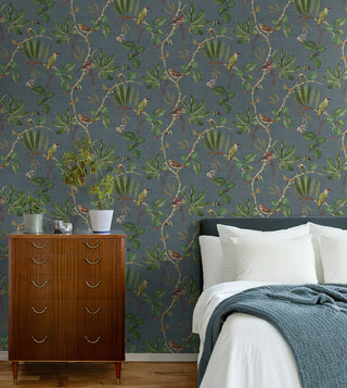 Heritage Tales 100030EH Slate Blue Hill Top Garden Unpasted Wallpaper Bedroom at Say Decor