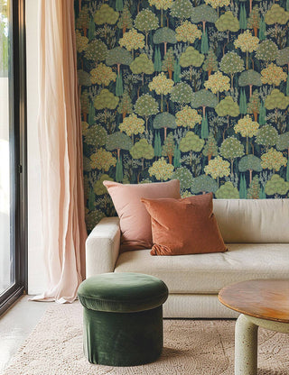 Heritage Tales 100039EH Navy Blue Oasis Trees Unpasted Wallpaper living room at Say Decor
