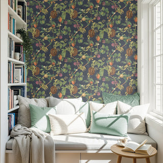 Heritage Tales 100043EH Navy Blue Tropic House Fruit Trail Unpasted Wallpaper sitting room at Say Decor