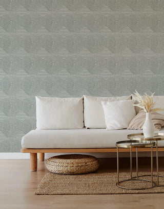 Mitchell Black x Forbes Masters Sade Geometric Wallpaper living room in shade Olive at Say Decor