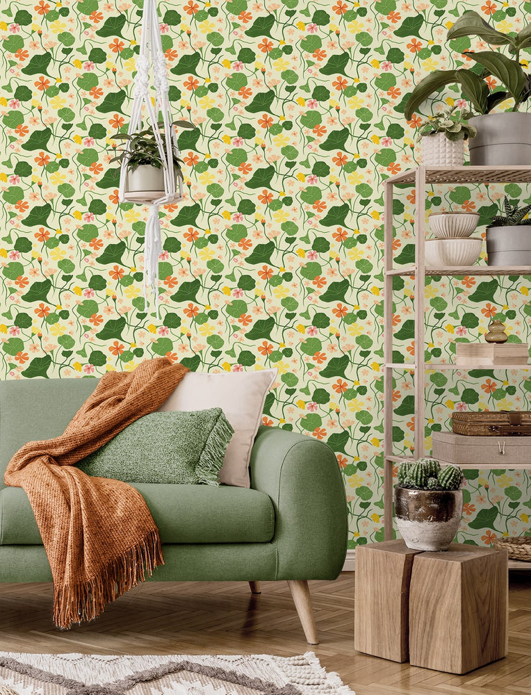 140140WR Nasturtiums floral peel and stick wallpaper living room from Elana Gabrielle