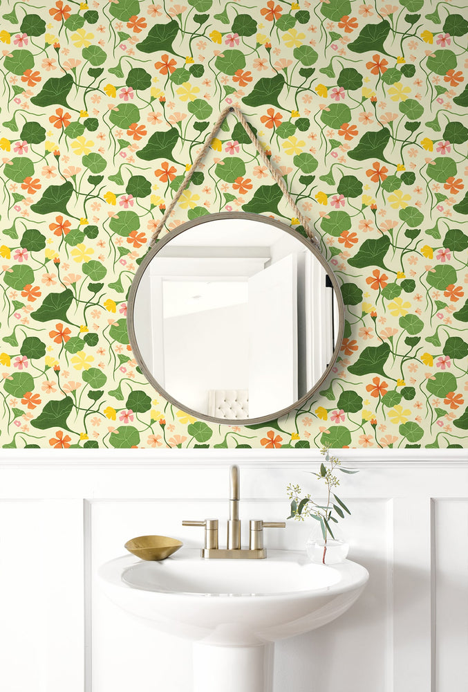 140140WR Nasturtiums floral peel and stick wallpaper bathroom from Elana Gabrielle