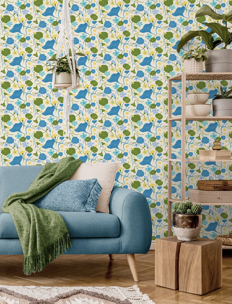 140141WR Nasturtiums floral peel and stick wallpaper living room from Elana Gabrielle
