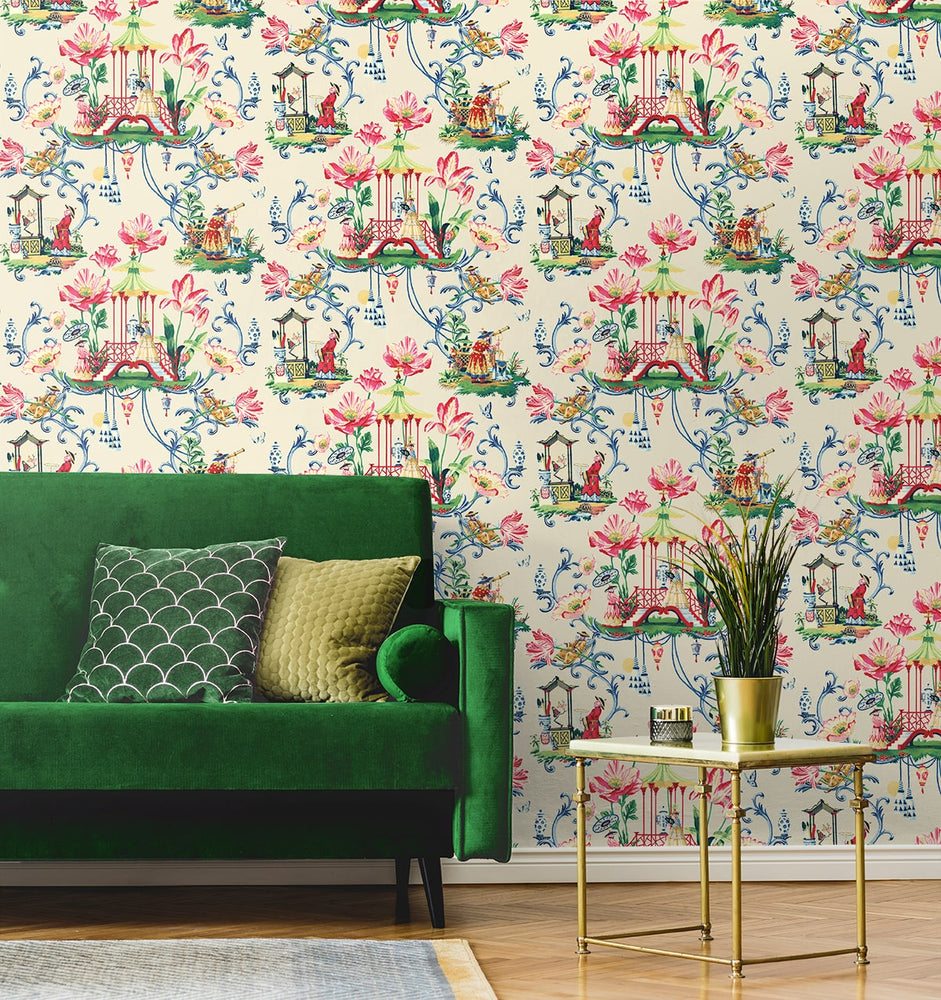 Chinoiserie peel and stick wallpaper living room 150100WR from Harrison Howard