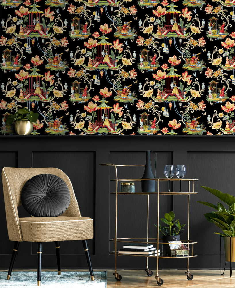 150101WR Chinoiserie peel and stick wallpaper bar cart from Harrison Howard