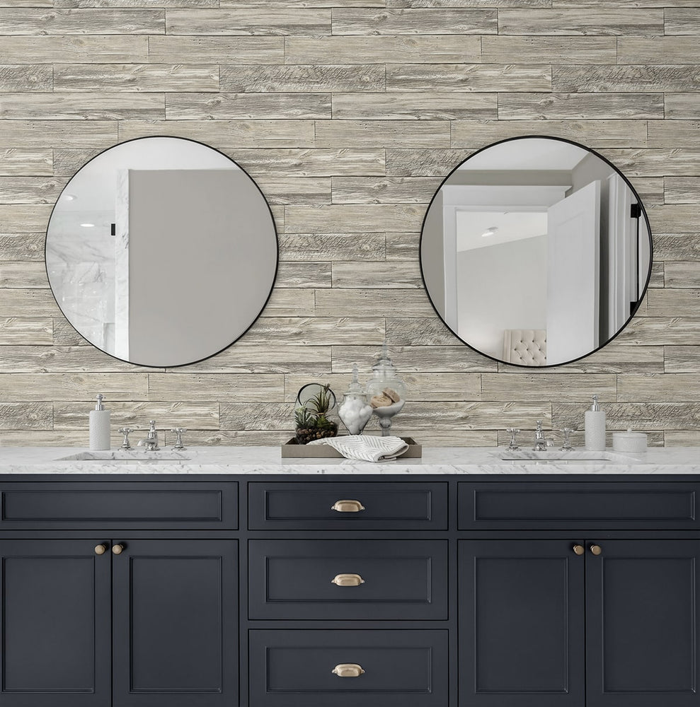 160090WR faux wood peel and stick wallpaper bathroom from Surface Style