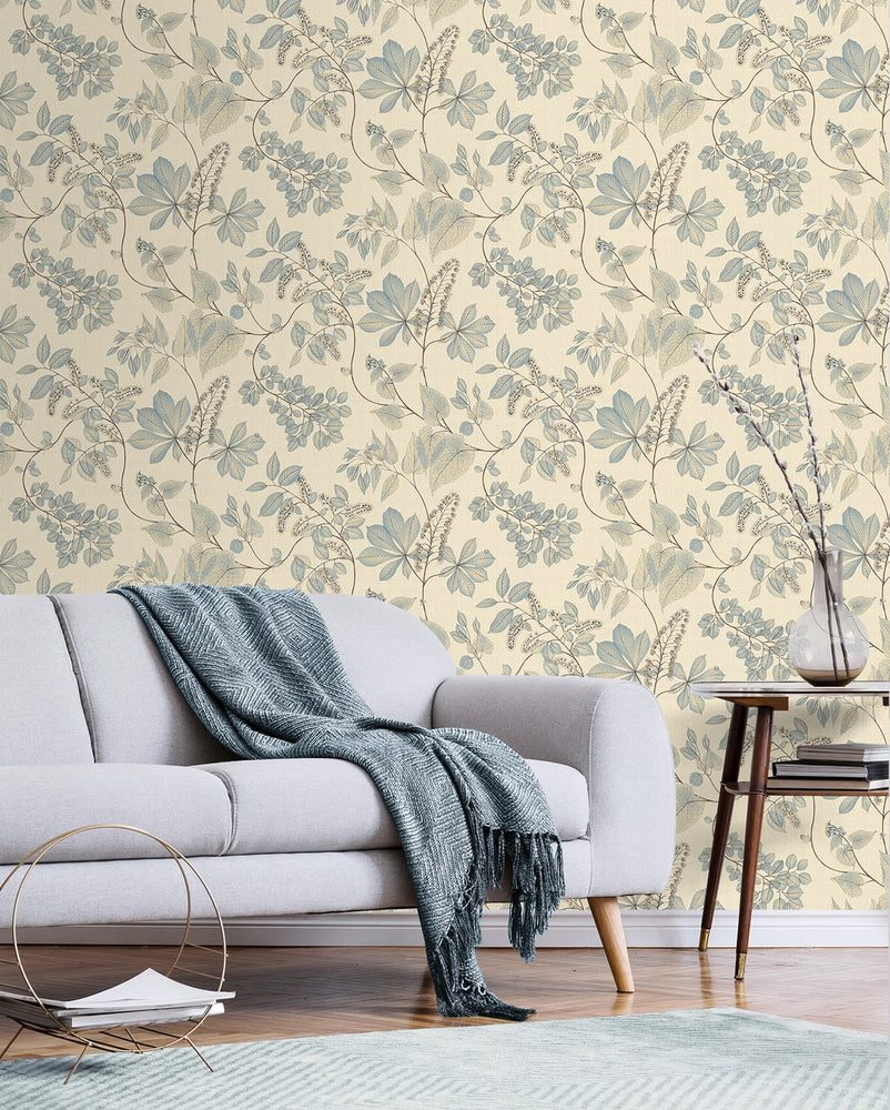 160121WR leaf peel and stick wallpaper living room from Surface Style