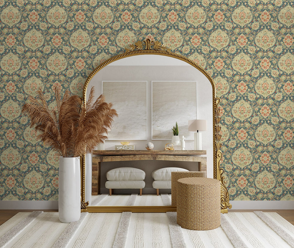 160150WR Caspian vintage peel and stick wallpaper living room from Surface Style