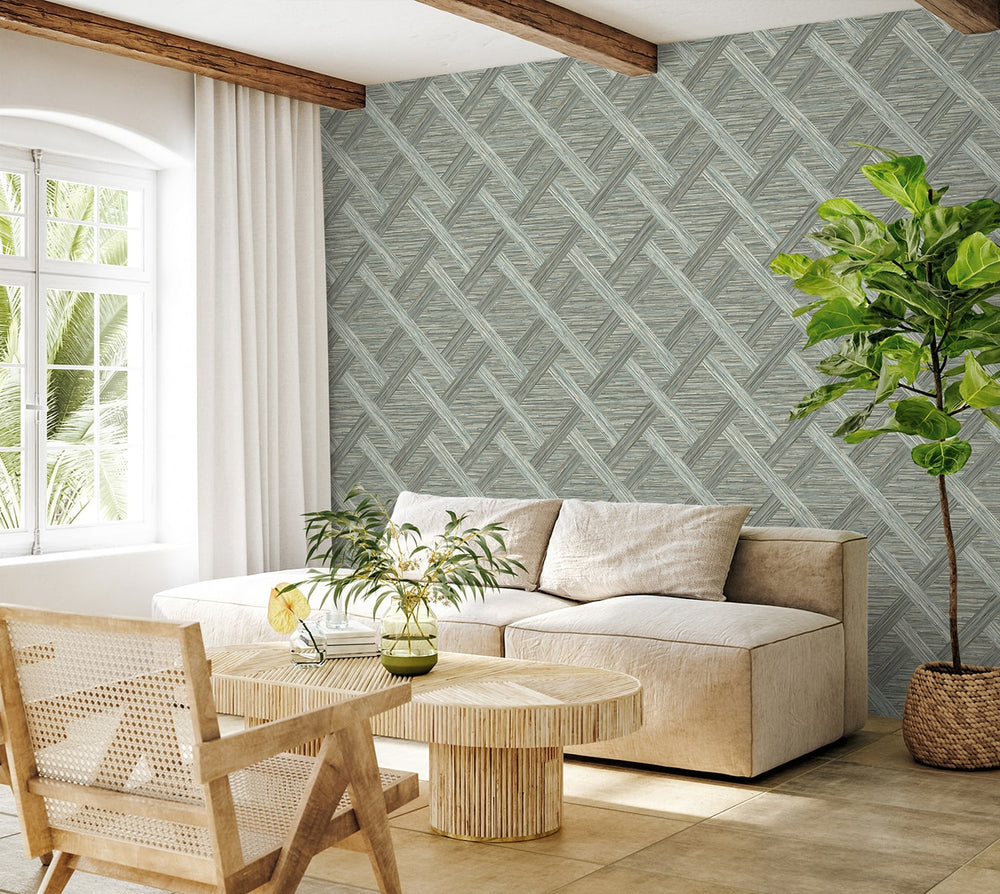 160340WR geometric faux grasscloth peel and stick wallpaper living room from Surface Style