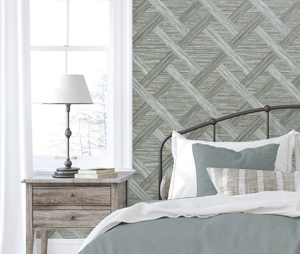 160340WR geometric faux grasscloth peel and stick wallpaper bedroom from Surface Style