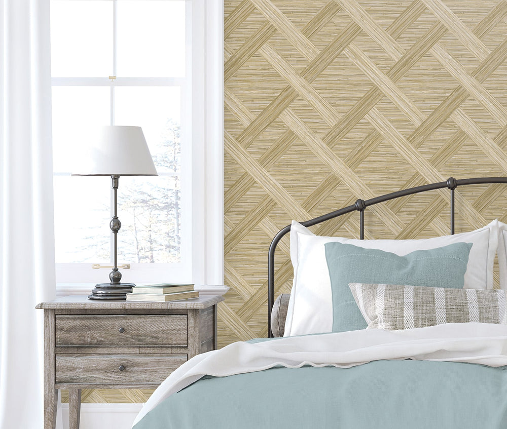 160341WR geometric faux grasscloth peel and stick wallpaper bedroom from Surface Style