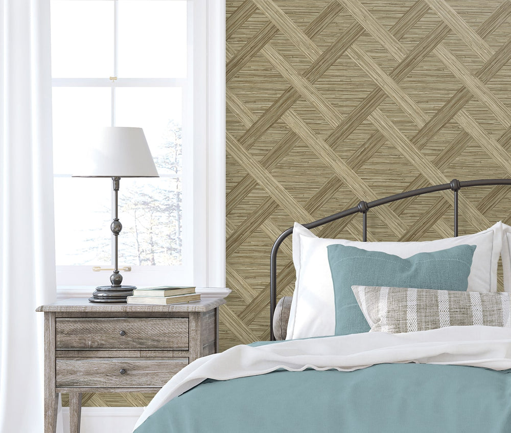 160342WR geometric faux grasscloth peel and stick wallpaper bedroom from Surface Style