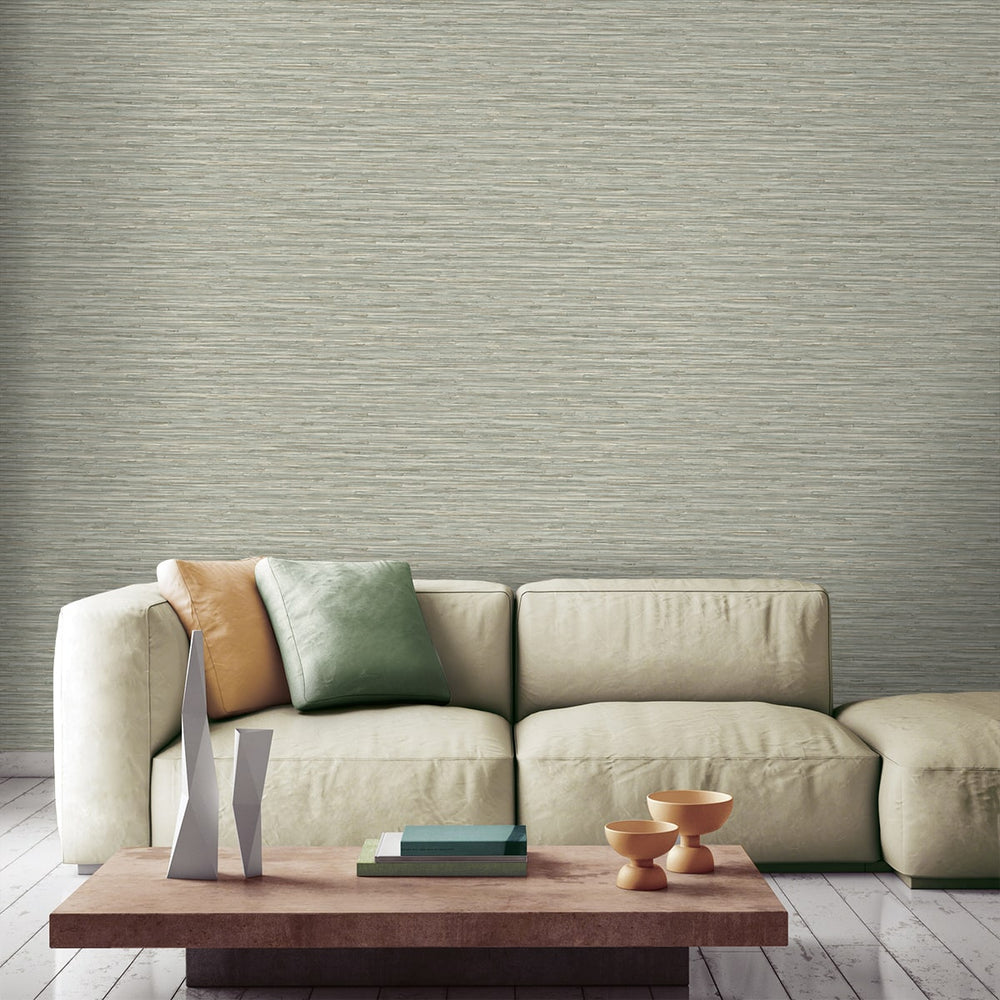 160351WR faux grasscloth peel and stick wallpaper living room from Surface Style