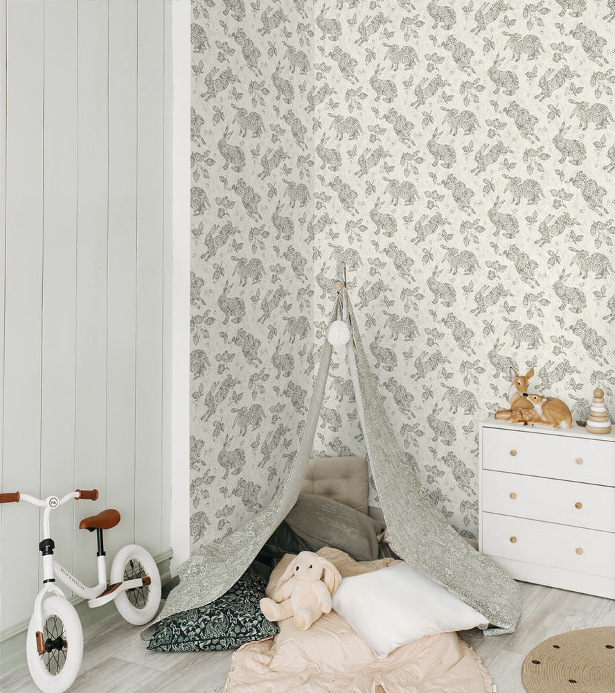160390WR bunny peel and stick wallpaper playroom from Surface Style