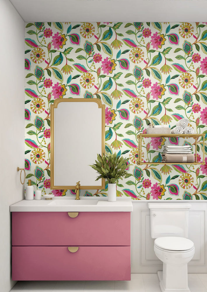 160480WR floral peel and stick wallpaper bathroom from Surface Style
