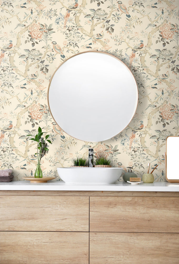 160491WR chinoiserie peel and stick wallpaper bathroom from Surface Style