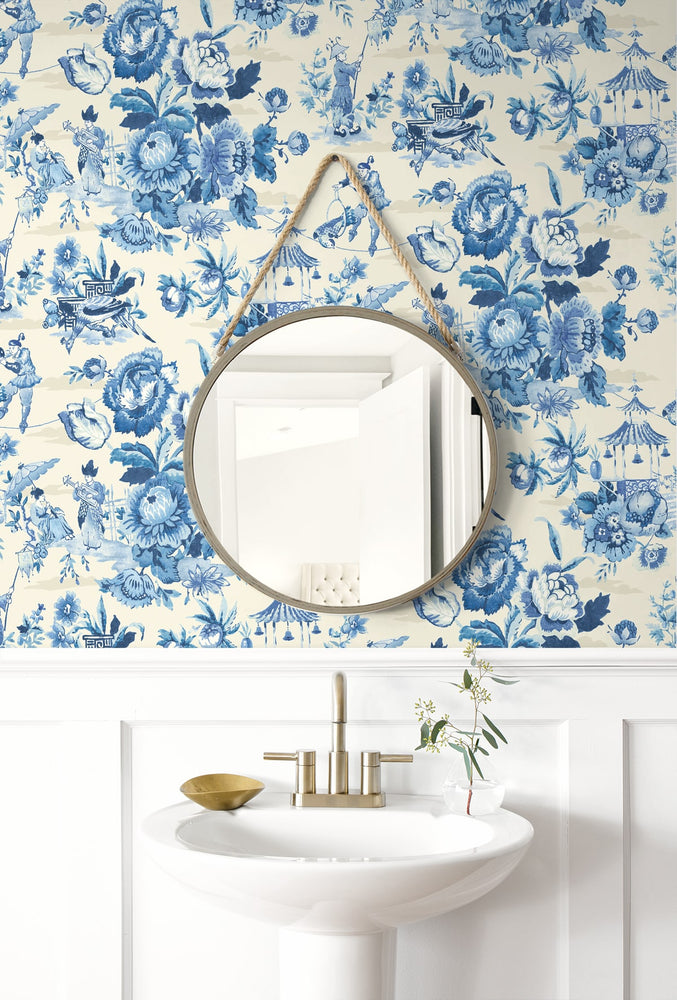 160561WR chinoiserie peel and stick wallpaper bathroom from Surface Style