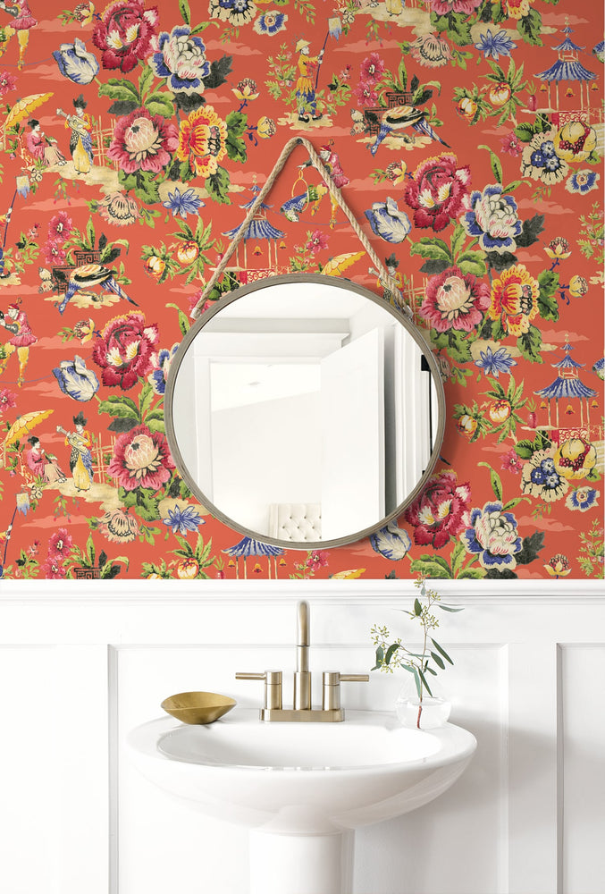 160562WR chinoiserie peel and stick wallpaper bathroom from Surface Style